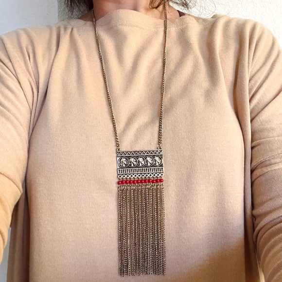 brassy gold statement necklace red detail with coin detail and chain tassels - Picture 3 of 5